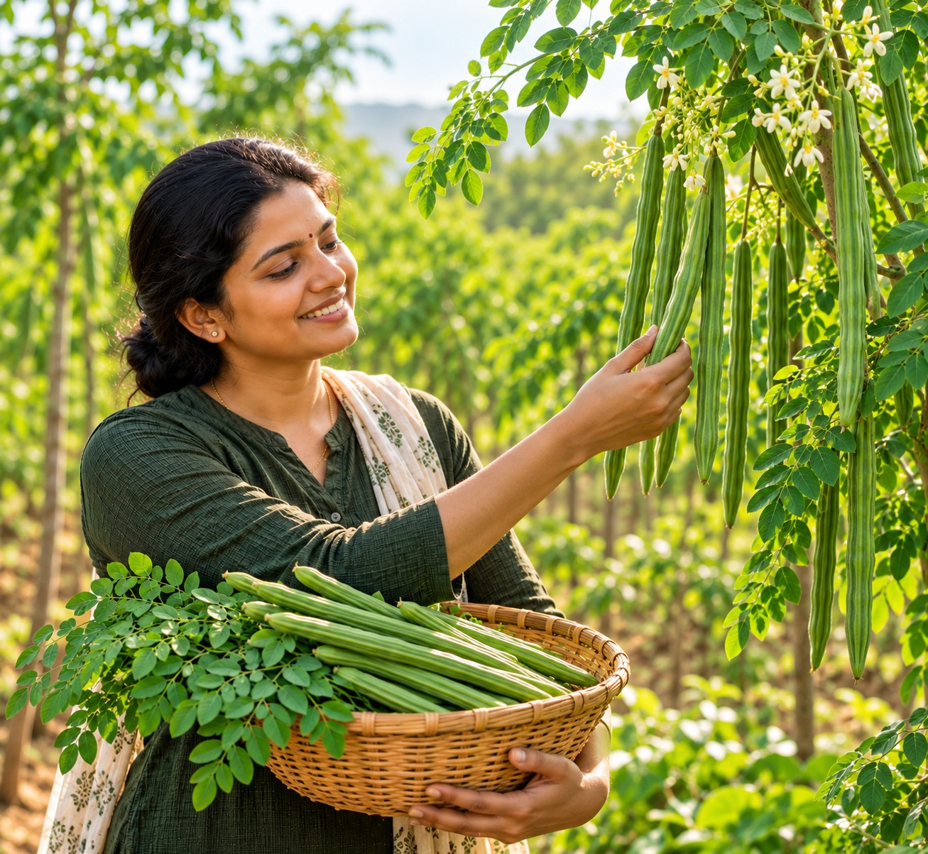 Grower holding fresh moringa leaves on the Arniva farm